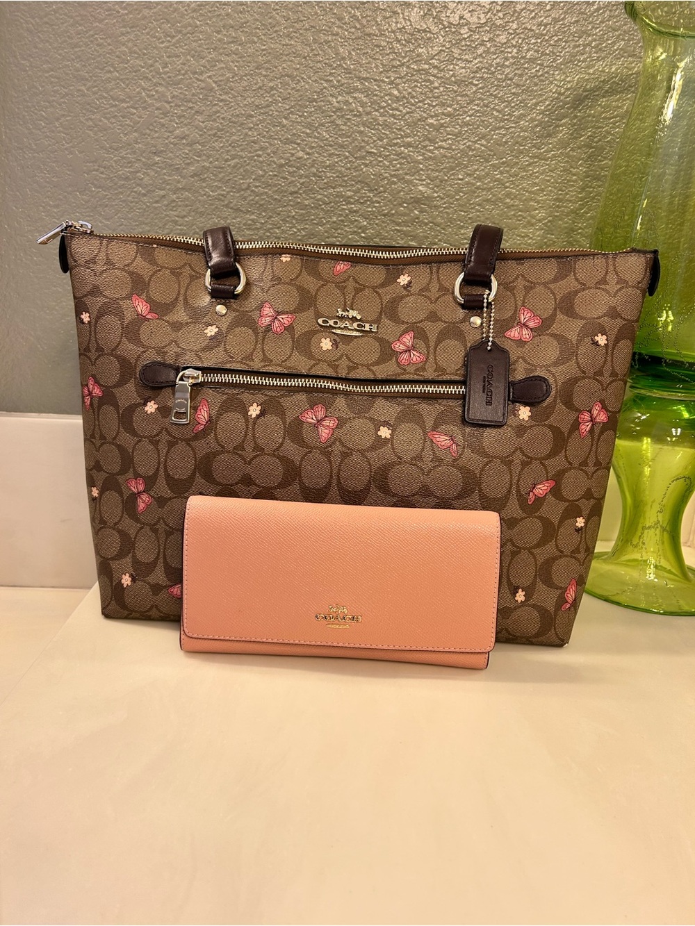 Coach Signature Print Tote with Butterfly Accents AND Coordinating Wallet! - Picture 2 of 16